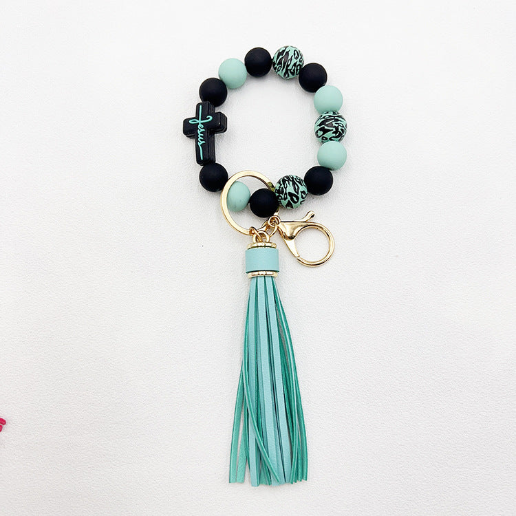 Wholesale Leopard Cross Silicone Beaded Tassel Wrist Keychain